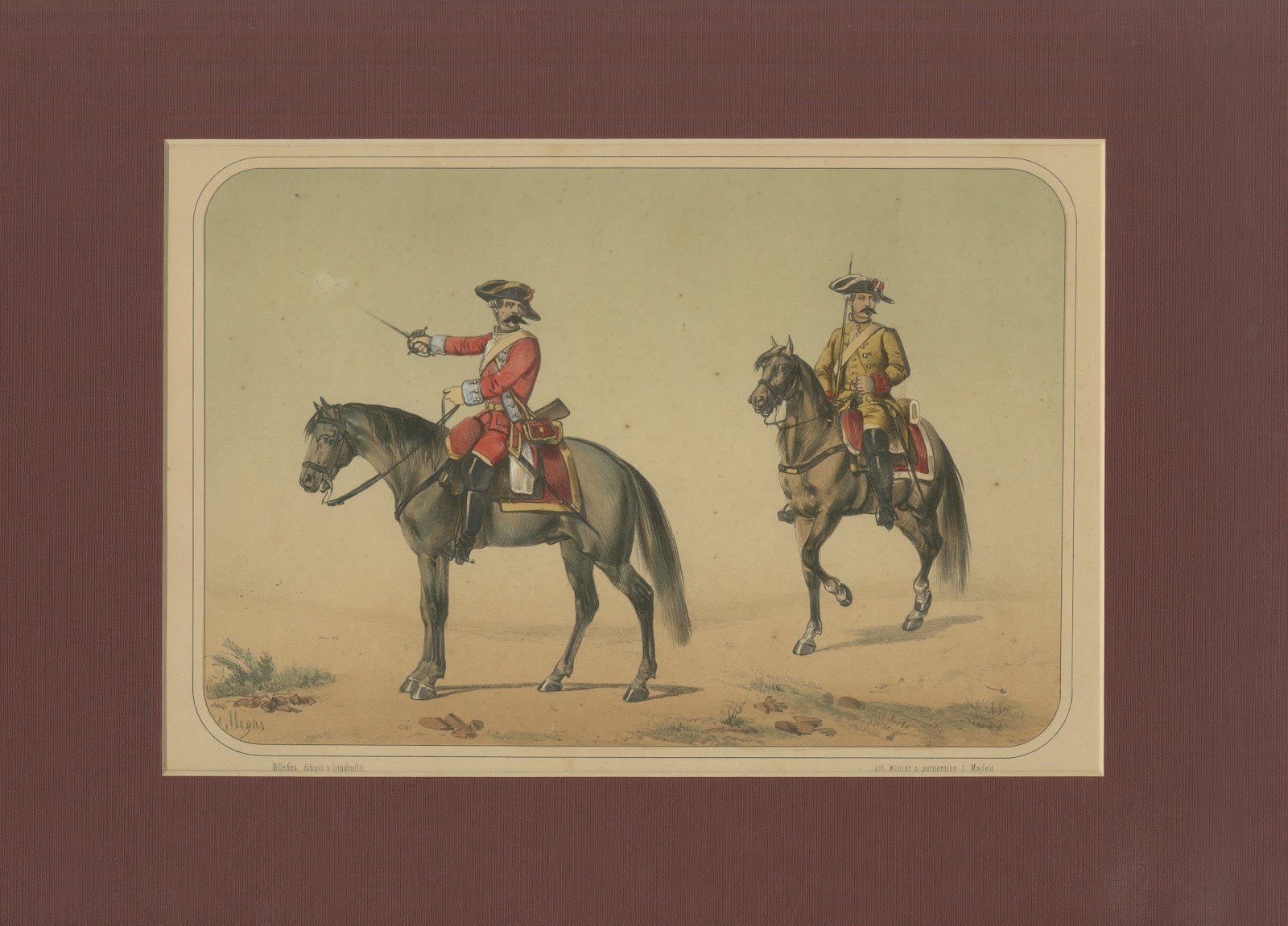 Spanish Cavalry Lithograph by José Villegas: Historic Officers, 1861