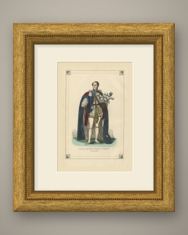 Knight of the Garter, King Leopold I, Hand Colored Wood Engraving, 1844, shown framed