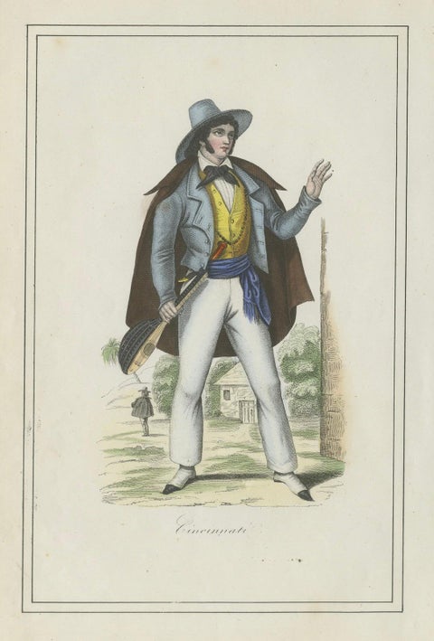 Cincinnati Costume Print, Antique Hand-Colored Lithograph, 1854, close-up 5