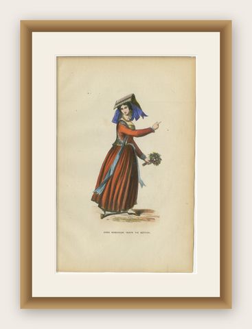 Young Roman Woman of Nettuno (near Rome) - Antique Costume Lithograph, c.1852, shown framed