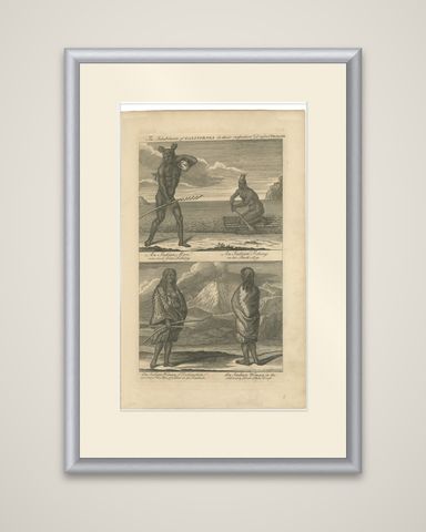 Inhabitants of California, Indigenous Dress and Daily Life Engraving, c1774, shown framed