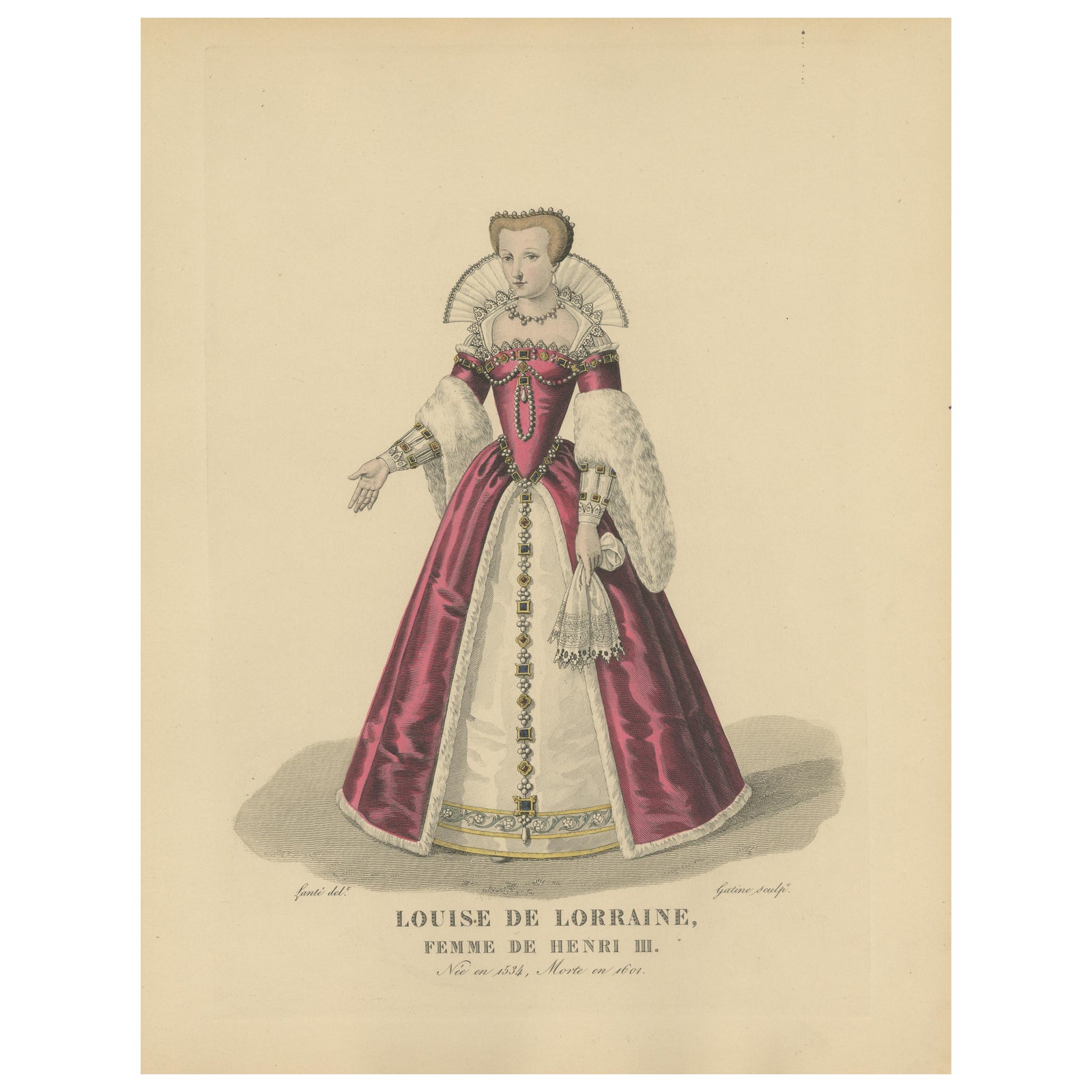 Antique Costume Print of Louise de Lorraine, Queen of France, 1900
