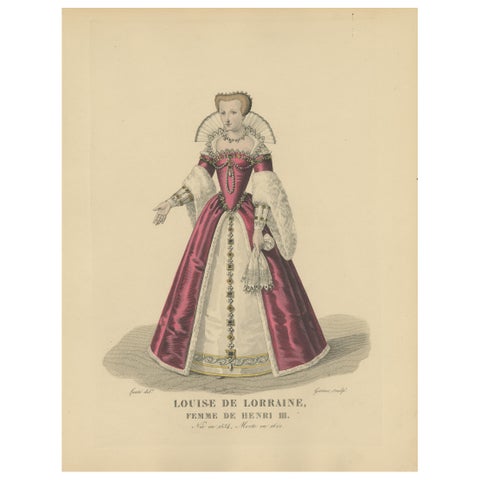 Antique Costume Print of Louise de Lorraine, Queen of France, 1900