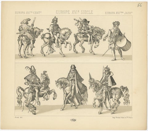 Pl 56 Antique Print of European 16th Century Battle Costumes by Racinet, view 2