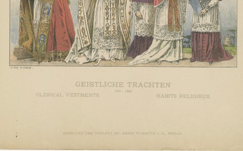 Renaissance and Baroque Clergy Dress, Antique Lithograph, ca.1880, close-up 4