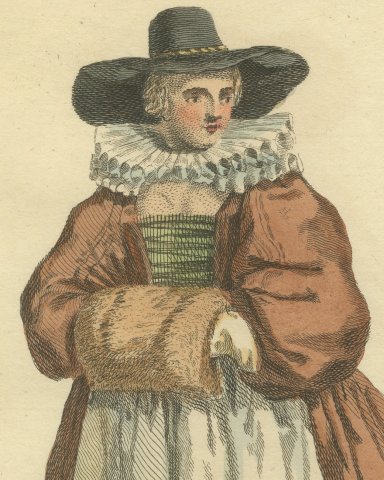 Citizen's Wife of London in 1640 with Fur Muff, Jefferys Costume Print, 1757, close-up 1