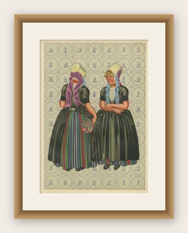 Lithograph of Walcheren Women’s Daily Dress with Bonnets and Beuk, ca. 1860–1890, shown framed
