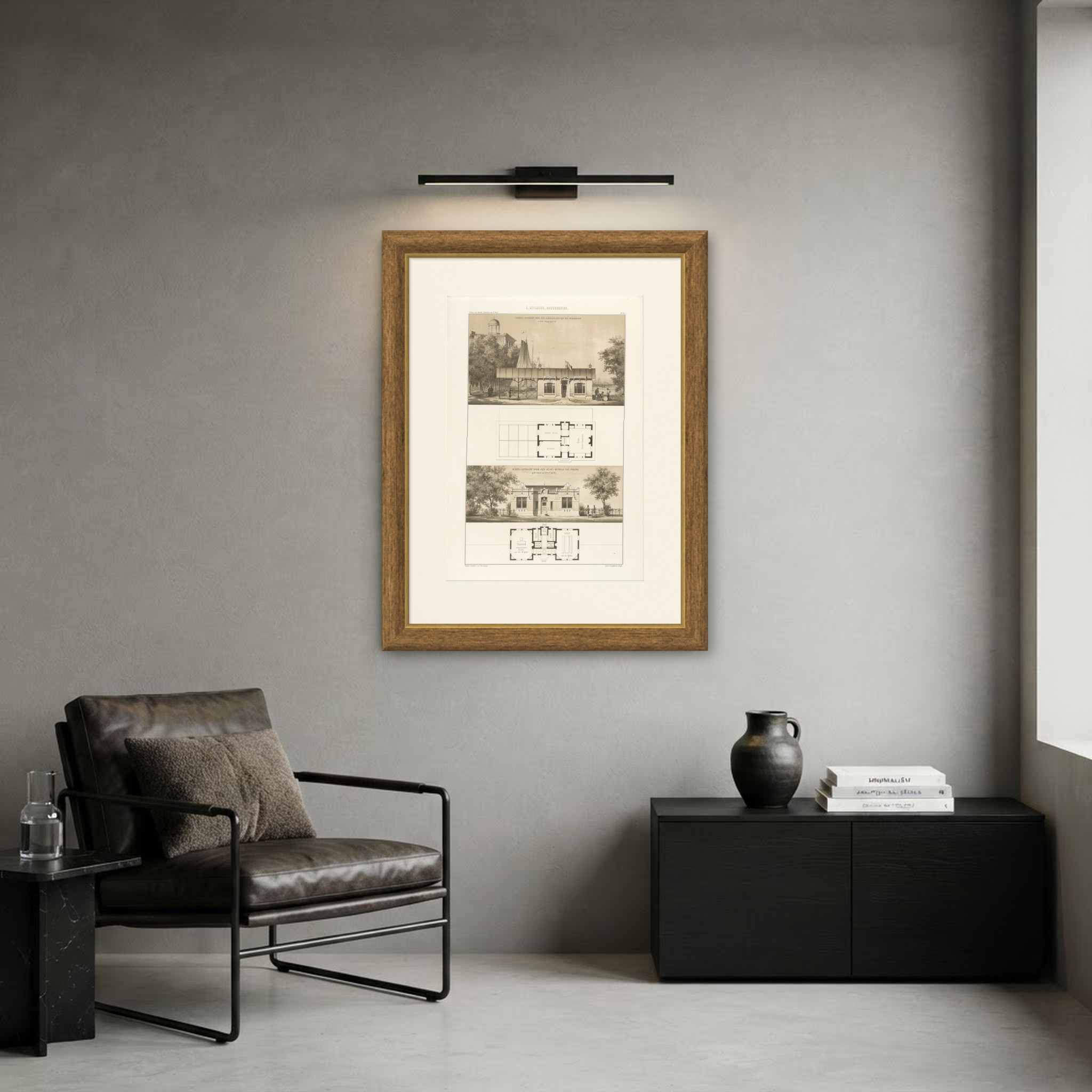 Steamboat Landing, Police Station, Dutch Architecture Print, Leliman, 1865-1866, shown framed on a wall
