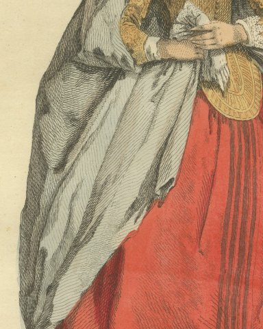 Woman of Quality of Cologne in Gray Veil and Red Skirt, Costume of 1640, 1757, close-up 2