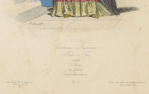 Regal Antique French Costume Print of a Queen, Hand-Coloured in the 19th Century, close-up 1