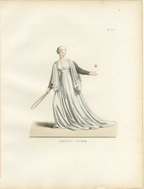 Medieval Tennis Costume Study, Hand-Colored Lithograph c.1845, view 2