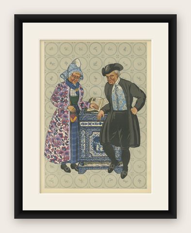 Mourning Dress in Hindeloopen with Delft Stove, 1932 Lithograph, shown framed