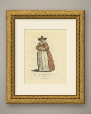 Citizen's Wife of London in 1640 with Fur Muff, Jefferys Costume Print, 1757, shown framed
