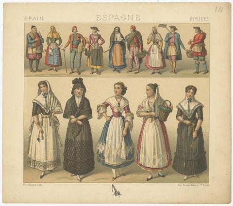 Antique Print of Spanish Costumes by Racinet, 'circa 1880', view 2