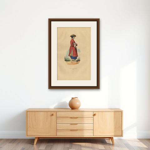 Antique Costume Print of a Young Lady of Cochinchina by Wahlen, 1843, shown framed on a wall