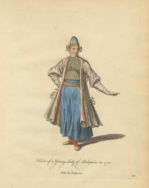 Antique Costume Print Young Lady of Bulgaria Traditional Dress Jefferys, 1749, close-up 1