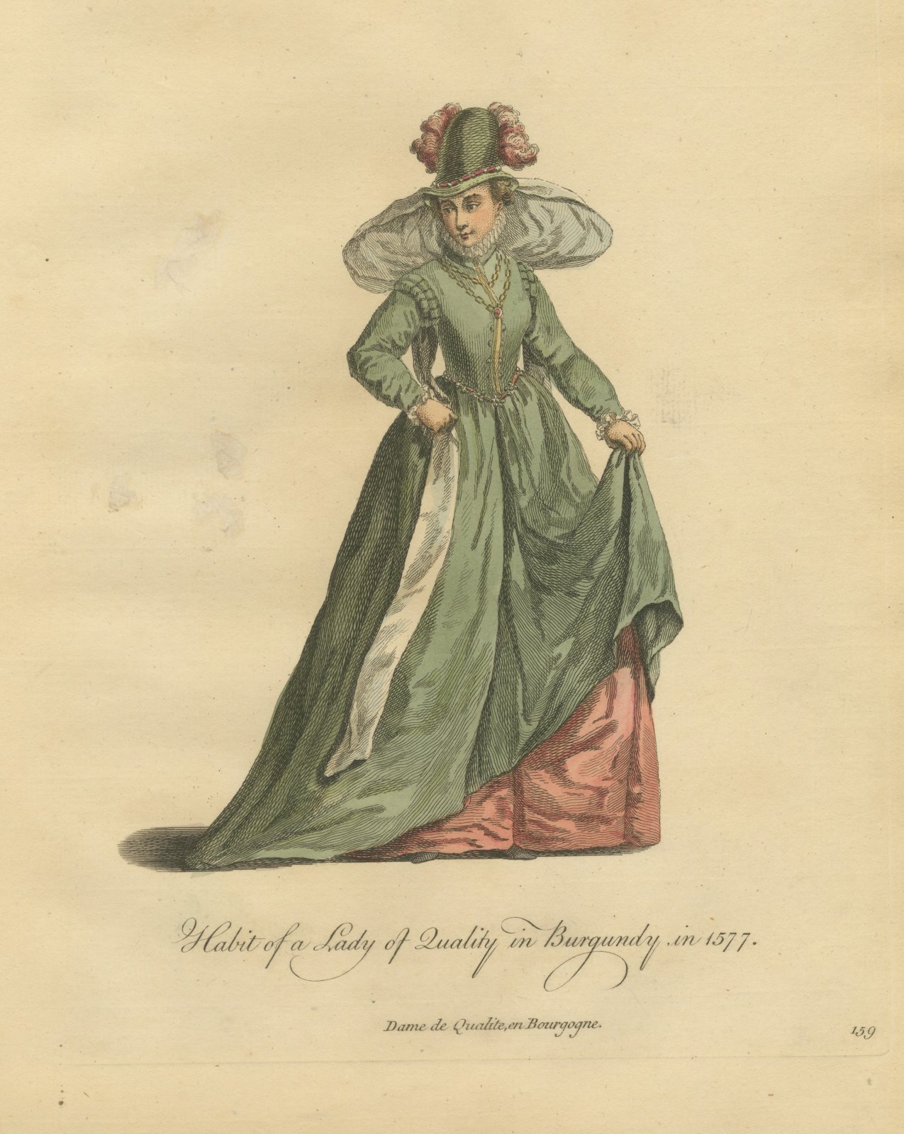 Lady of Quality in Burgundy in Green Gown and Plumed Hat, Costume of 1577, 1757