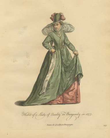 Lady of Quality in Burgundy in Green Gown and Plumed Hat, Costume of 1577, 1757