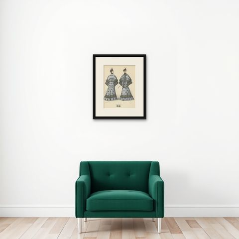 Victorian Elegance in Detail: A Fashion Lithograph by L. Michau, 1889, shown framed on a wall