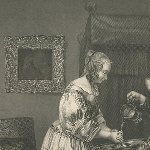 Antique Print of a Lady in a Satin Dress by Payne 'c.1860', close-up 2