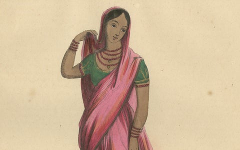 Elegant 1844 Lithograph of a High-Class Indian Woman in Traditional Saree, close-up 3