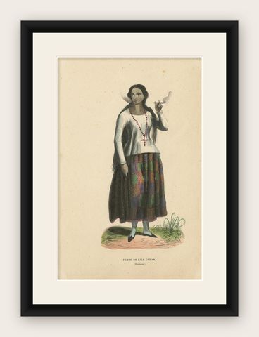 Antique Costume Print of a Woman of Guam by Wahlen, 1843, shown framed
