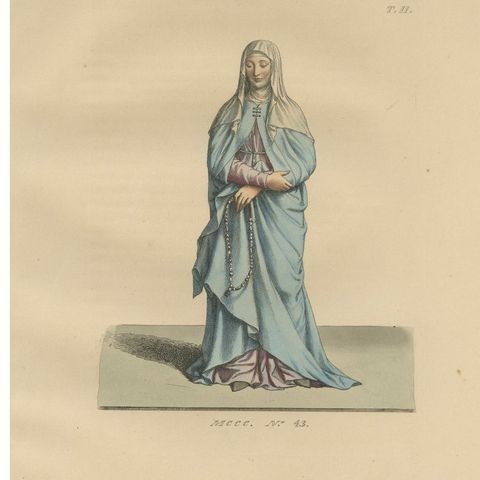 Six Medieval Costumes Hand-Colored Lithographs, France, Circa 1860, close-up 1