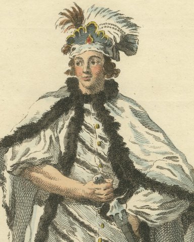 Selim in the Tragedy of Barbarossa, Georgian Stage Costume, Jefferys Print, 1757, close-up 1