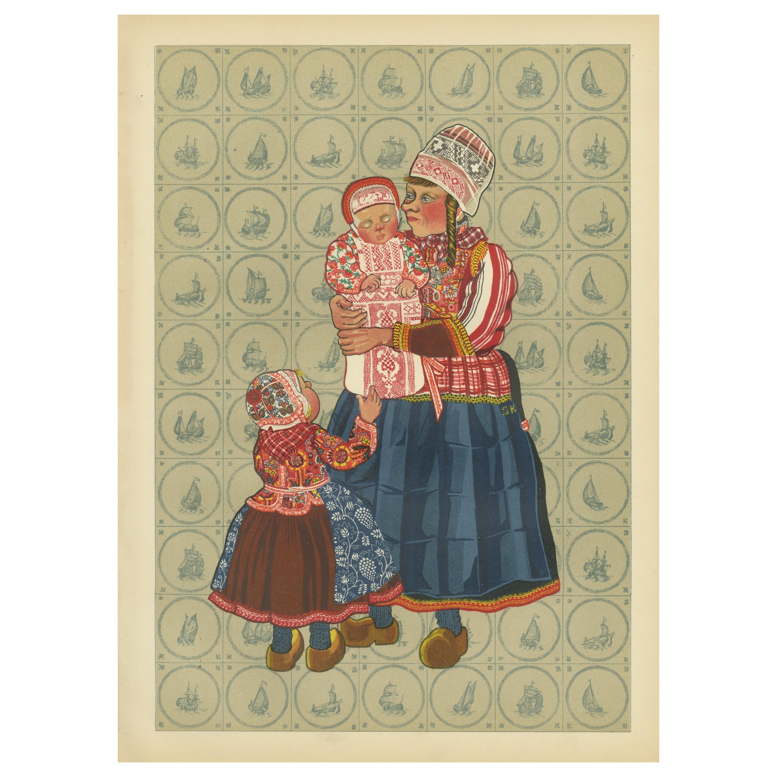 Dutch Women and Infant Traditional Dress from Marken, Old Costume Print, 1932