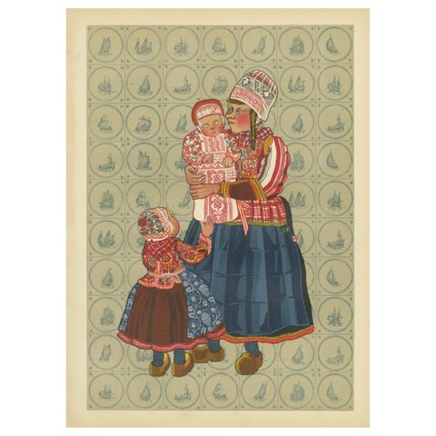 Dutch Women and Infant Traditional Dress from Marken, Old Costume Print, 1932