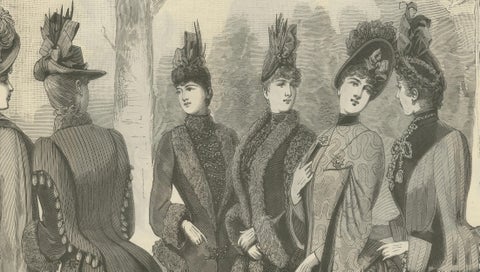 Large Antique French Fashion Plate, Winter Costumes Paris, c.1880, close-up 2