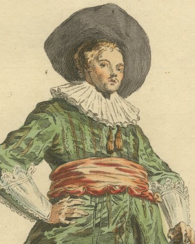 Flemish Gentleman in 1620, Hand Colored Jefferys Costume Plate, 1757, close-up 1