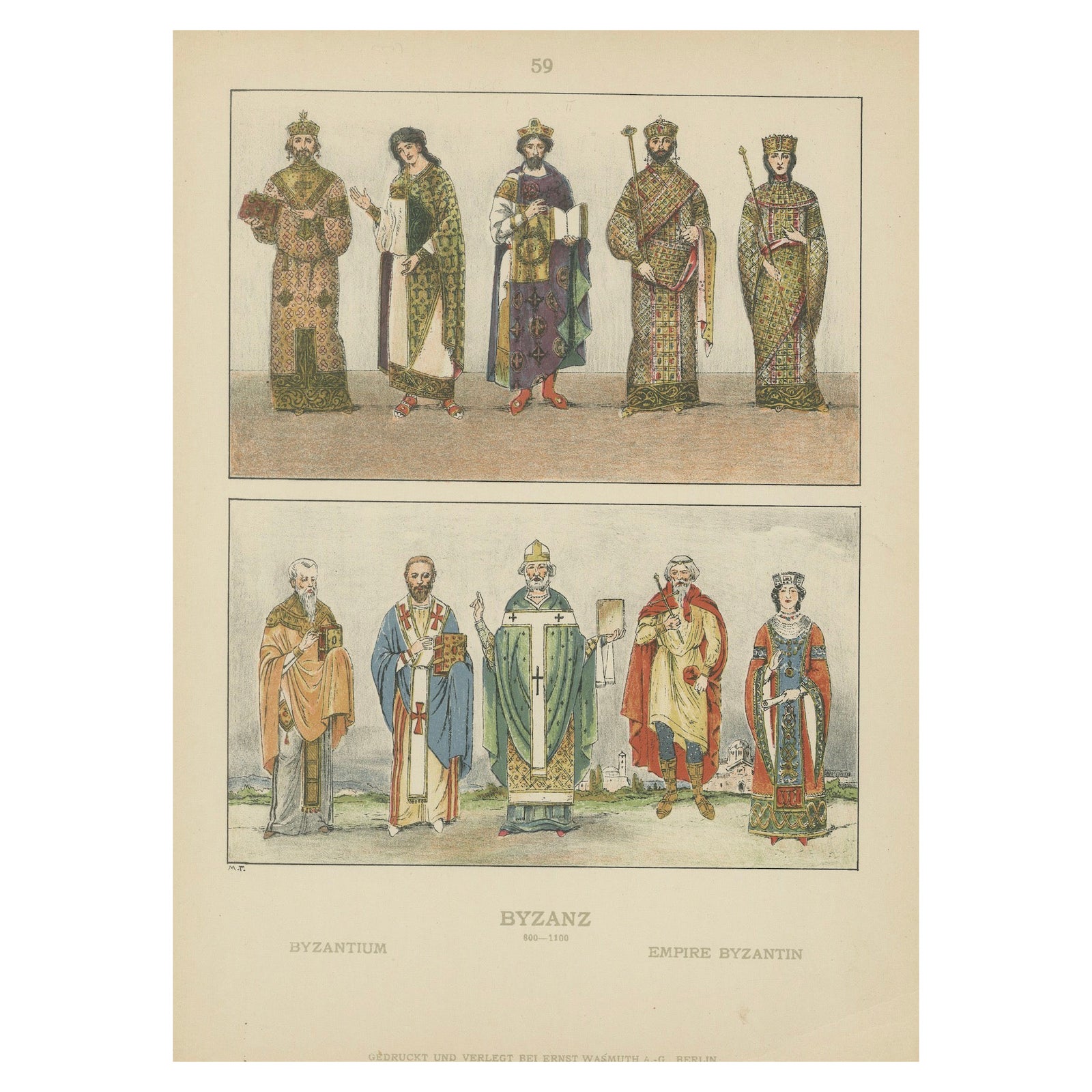 Byzantine Imperial Costume Plate 800–1100, Hand-Colored Print c.1880