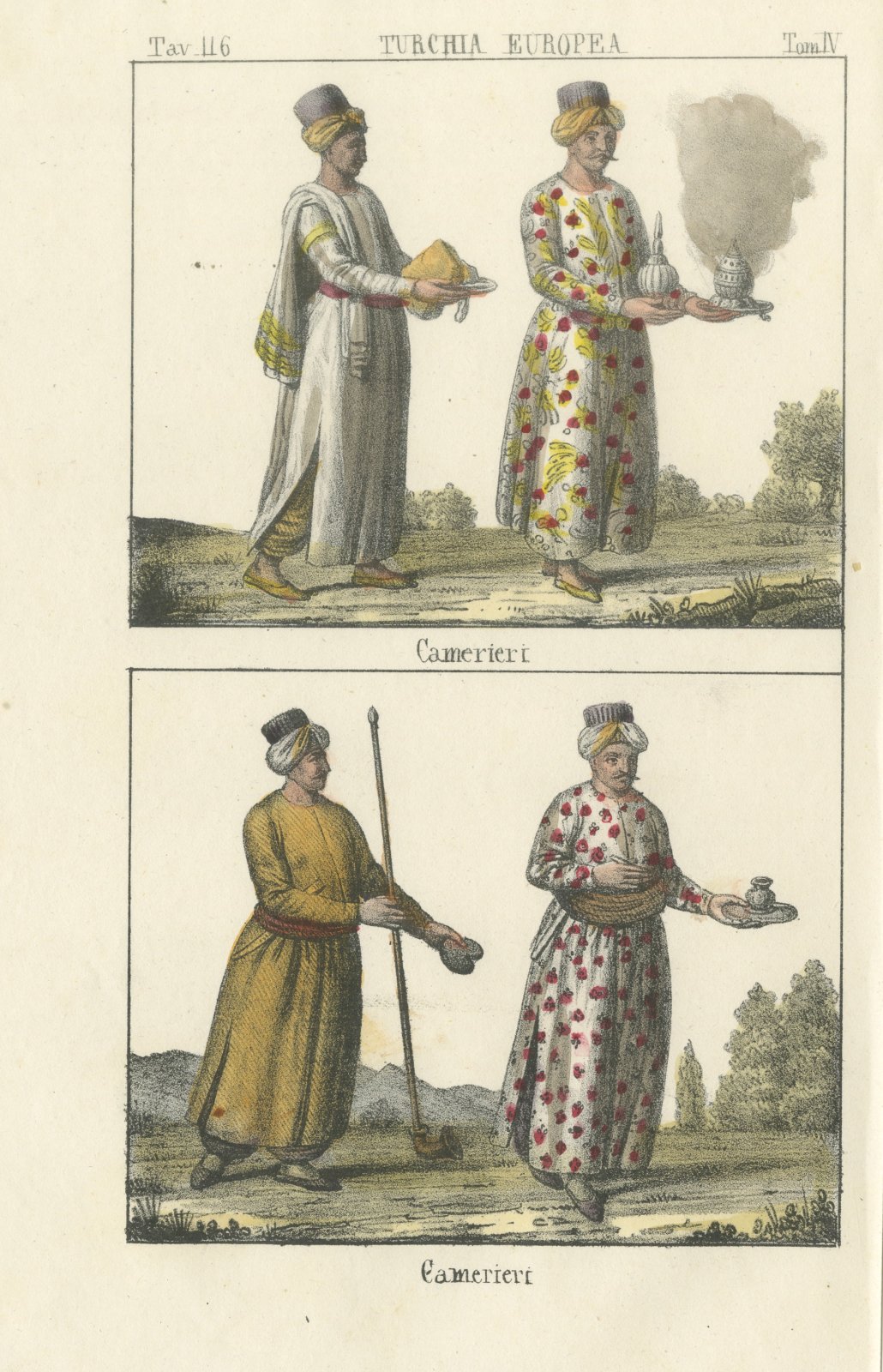 Turkish Chamber Servants with Dishes, Censer and Pipe, Lithograph, 1842