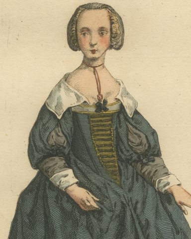 Merchant's Wife of Paris in 1640, Hand Colored Jefferys Costume Plate, 1757, close-up 1