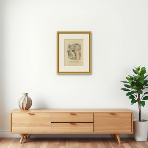 Antique Fashion Print of Women in Colorful Dresses, by Dürr, 1892, shown framed on a wall