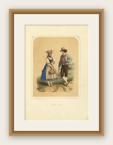 Antique Costume Print of Switzerland by A. Lacouchie, circa 1850, shown framed