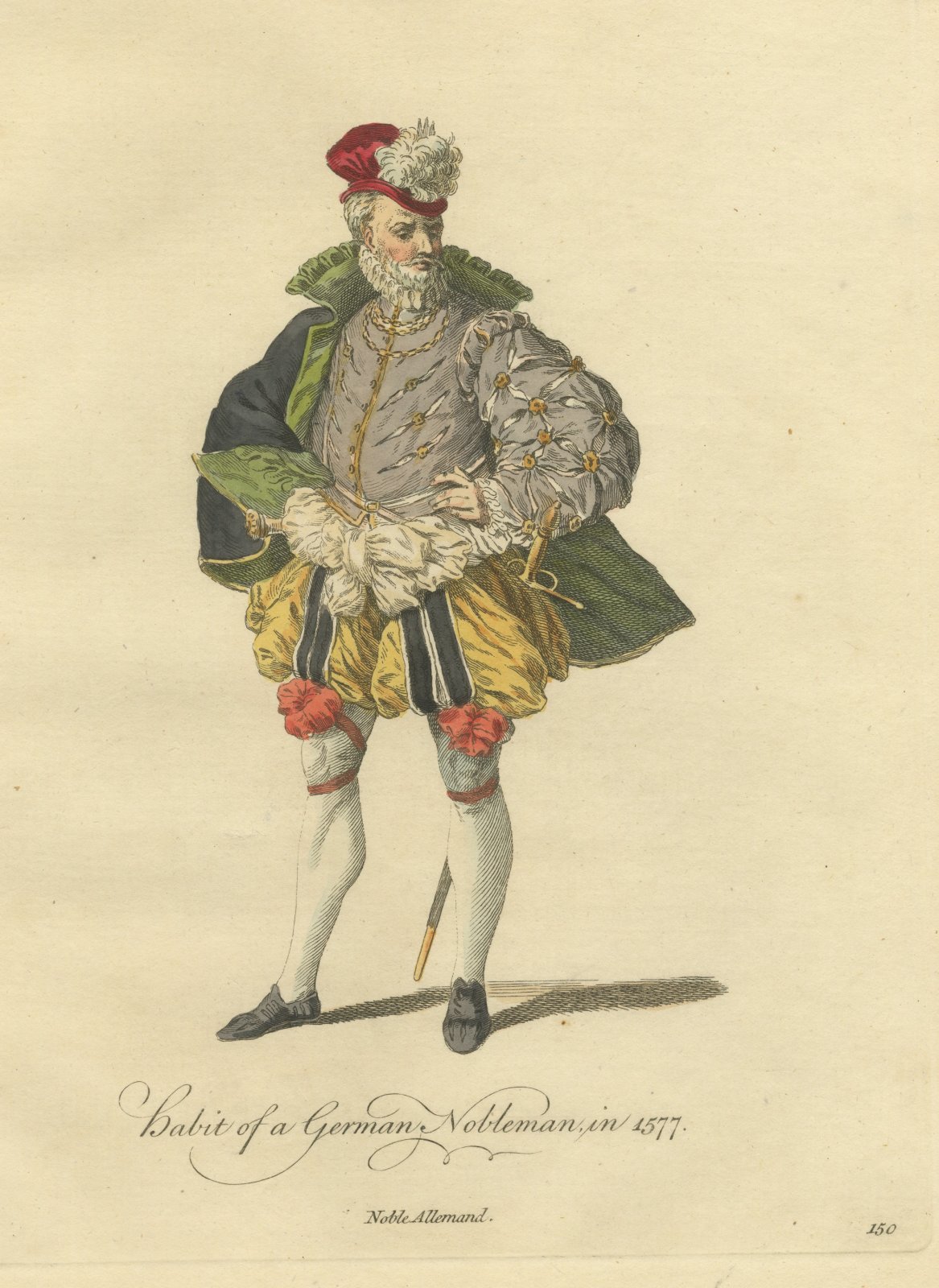 German Nobleman in Plumed Red Cap and Paned Hose, Costume of 1577, 1757