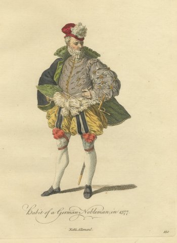 German Nobleman in Plumed Red Cap and Paned Hose, Costume of 1577, 1757