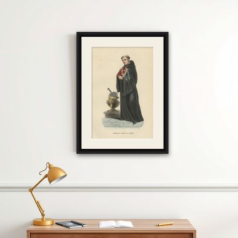 Antique Hand-colored Print of an English Benedictine in Choir Dress, 1845, shown framed on a wall