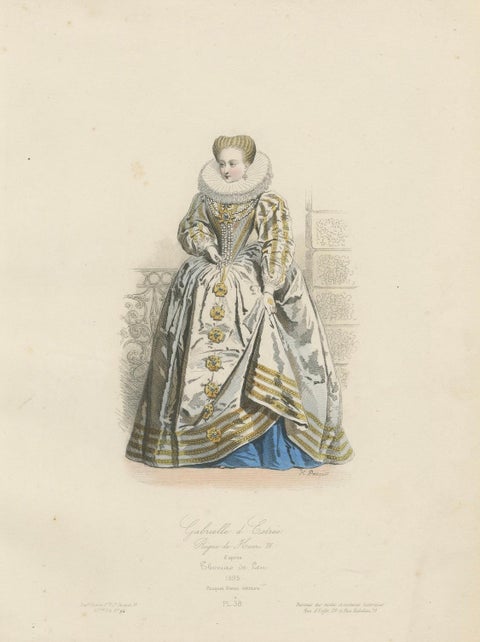 Antique French Costume Print of Gabrielle d’Estrées, 16th-Century Court Dress, close-up 1