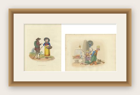 Alpine Folklore, Mount Cenis Costumes and Hearthside Scene, 1835, shown framed
