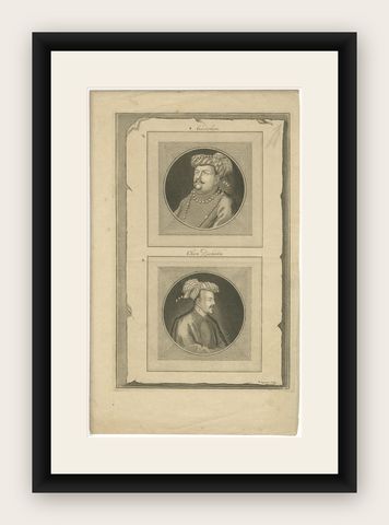 Mughal Nobles Asad Khan & Khan Jahan Portrait Engraving, Valentijn, c.1726, shown framed