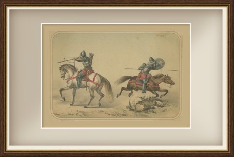 Spanish Mounted Crossbowman and Lancer by Villegas, Clonard Album, 1861, shown framed