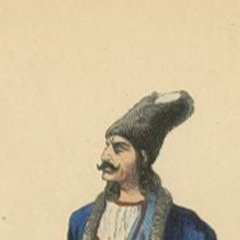 Antique Print of a Persian Man in Traditional Clothing and with a Dagger, 1843, close-up 1