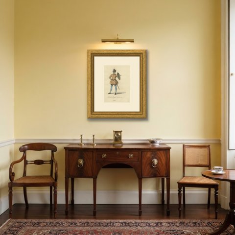 Habit of an English Man in 1577, Sword and Buckler, Jefferys Plate, 1757, shown framed in a room