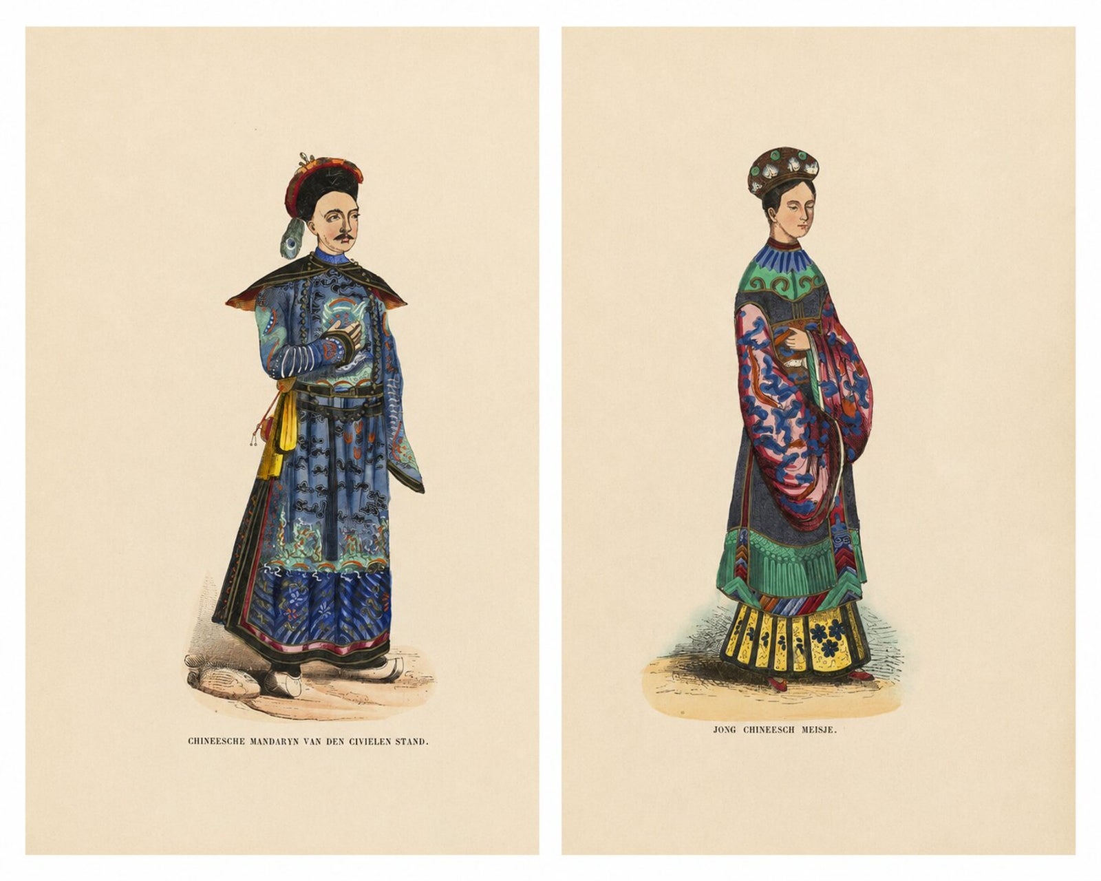 Chinese Costumes Pair, Antique Hand-Colored Engravings, Dutch, 1854