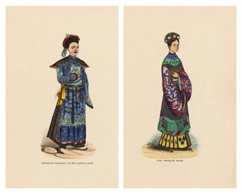 Chinese Costumes Pair, Antique Hand-Colored Engravings, Dutch, 1854