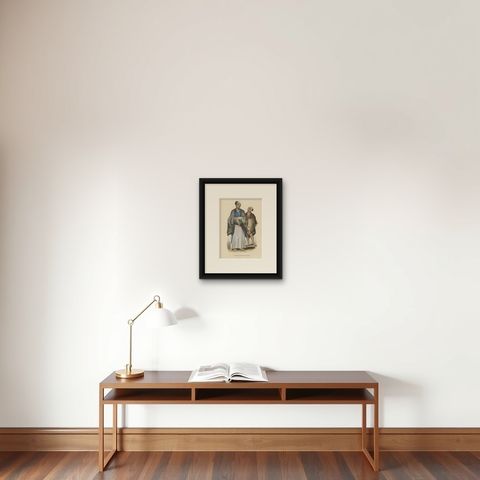 Original Hand-Colored Antique Print of a Japanese Nobleman & Servant, ca.1845, shown framed on a wall