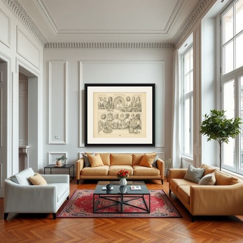Pl 96 Antique Print of European 17th Century Costumes by Racinet, shown framed in a room